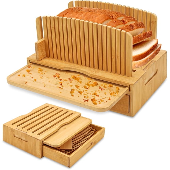 Bamboo Bread Slicer for Homemade Bread, Bread Cutter Guide with Crumb Tray Adjustable Foldable for Sourdough Rounds Loaf Sandwich