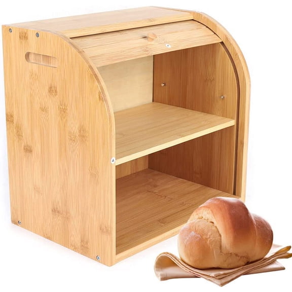 Bamboo Bread Storage Box, 2 Layer Large Wood Bread Boxes for Kitchen ,Countertop Bread Bin Smoothly Slide Door Roll Top Bread Container 15 x 14 x 9.8 in