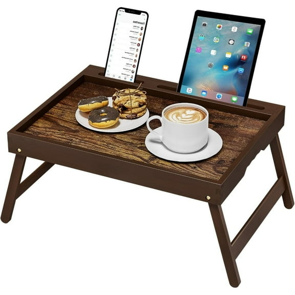 Bamboo Breakfast Tray with Foldable Legs & Detachable Stand | Ergonomic Handle | Portable Bed Tray for Eating, Working, Laptop, Tablet, and Phone(Vintage Walnut)