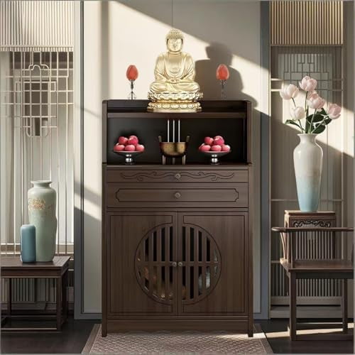 Bamboo Buddhist Altar Table for Home - Meditation Table with Cabinet Door, Chinese Personal Shrine Altar Cabinet for Living Room (Ruyi Style)$$Furniture