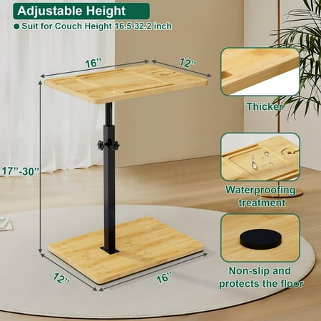 Bamboo C Table End Table Adjustable Height, 360 ° Swivel TV Tray for Couch, Snack Side Tables with Phone & Tablet Slot, C Shaped Couch Table for Small Place/Bathtub/Recliner/Bed/Sofa (Natrual)