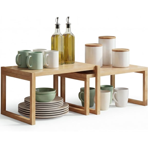 Bamboo Cabinet Organizer Shelf 2 Pack,Kitchen Shelf Organizer | Stackable Wood Spice Rack Storage for Kitchen and Bathroom Cabinet, Pantry & Countertop Nestable