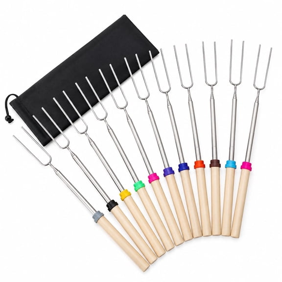 Bamboo Camping Toasting Sticks, Telescoping Forks, Safe for Children, 32 in, 12 Count