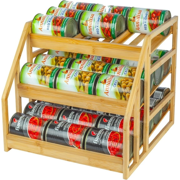 Bamboo Can Rack Organizer, Kitchen Pantry Storage, 36 Can Capacity, Tilt Design