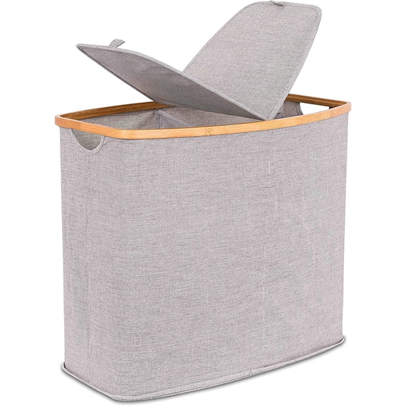 Bamboo & Canvas Hamper | Double Laundry Basket with Lid | Divided Foldable Hamper | Cut Out Handles