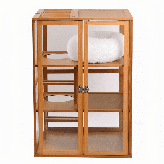 Bamboo Cat Cage Indoor Enclosure, Multi-Level Cat House with Clear ...