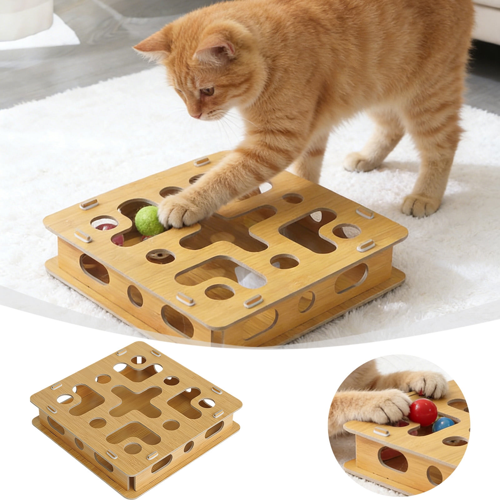 Bamboo Cat Puzzle Toy Interactive Ball Maze For Mental Stimulation Play And Cat Enrichment(Beige-28X28X7.5Cm)