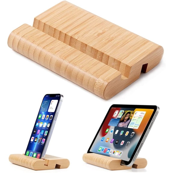 Bamboo Cell Phone Stand Wooden Tablet Stand for Desktop, Wood Cell Phone Holder Desk Tablet Holder Mobile Stand for iPhone iPad Tablets and All Phones (Large Size)