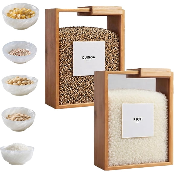 Bamboo Cereal Dispenser – Wooden Grain Storage Container with Airtight Lid, Rice & Flour Dispenser, Dispensador de Cereal para Cocina, Large Capacity Food Storage for Pantry (2pcs)