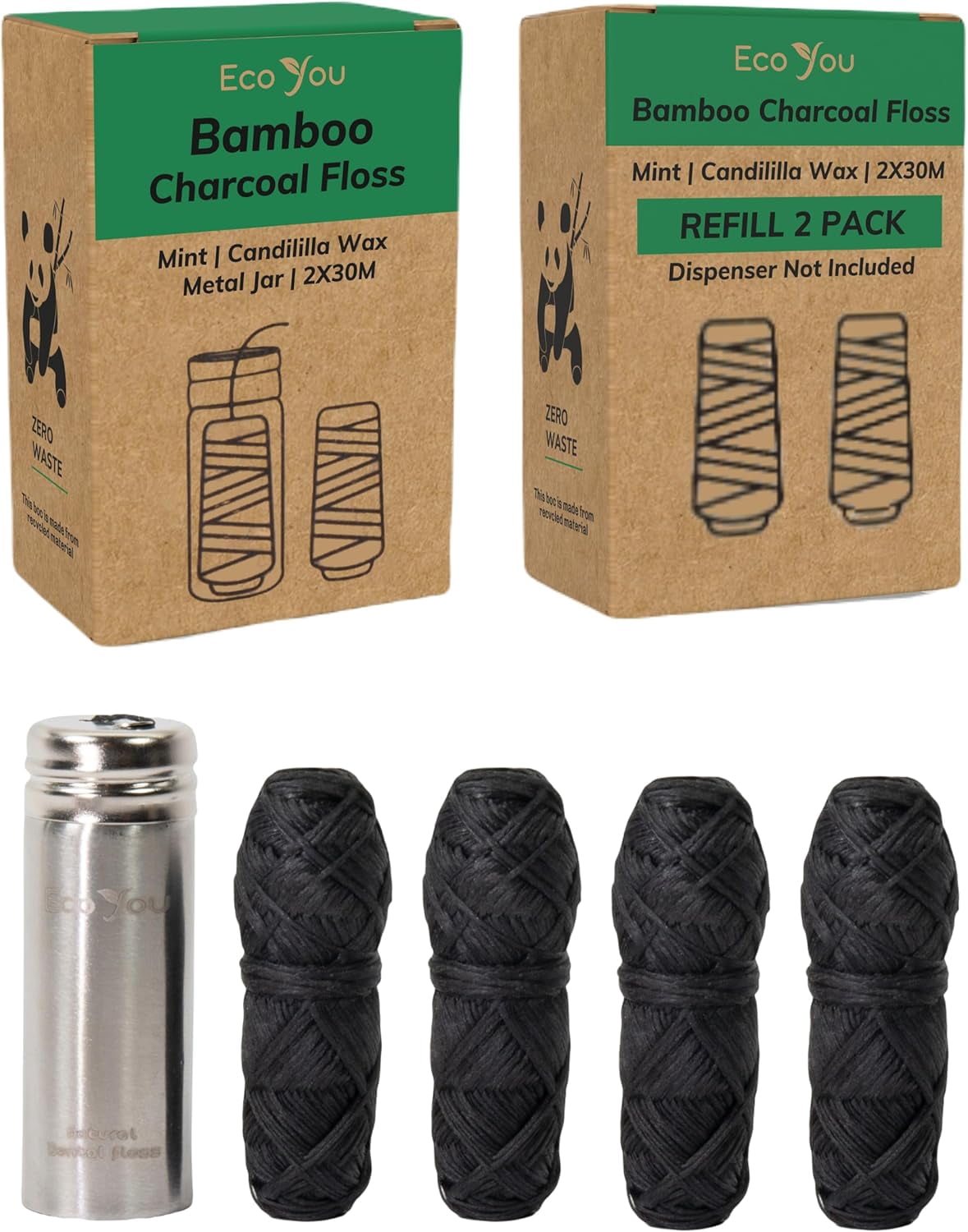 Bamboo Charcoal Dental Floss | Mint & Candelilla Wax | Vegan & Biodegradable (4 Refills with Metal Holder)