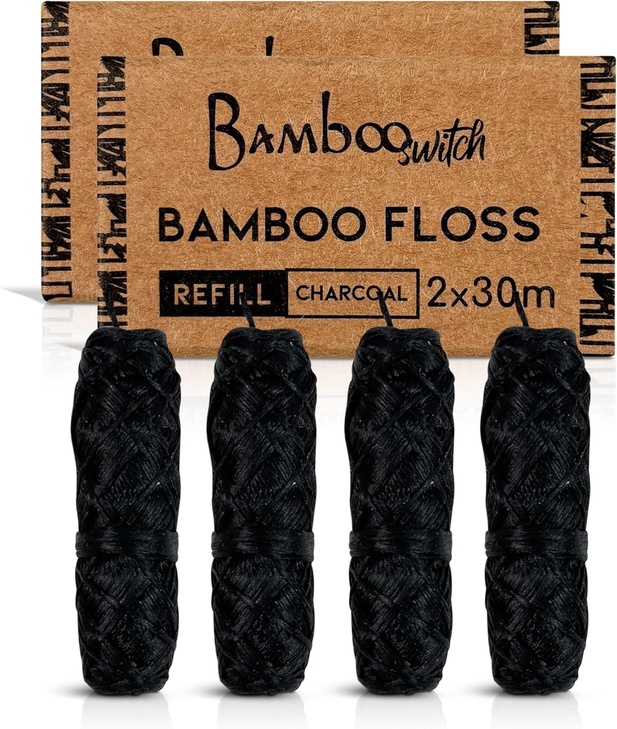Bamboo Charcoal Dental Floss Refills (4 Spools), Eco-Friendly, Mint Bamboo Fiber, Vegan, Plastic-Free