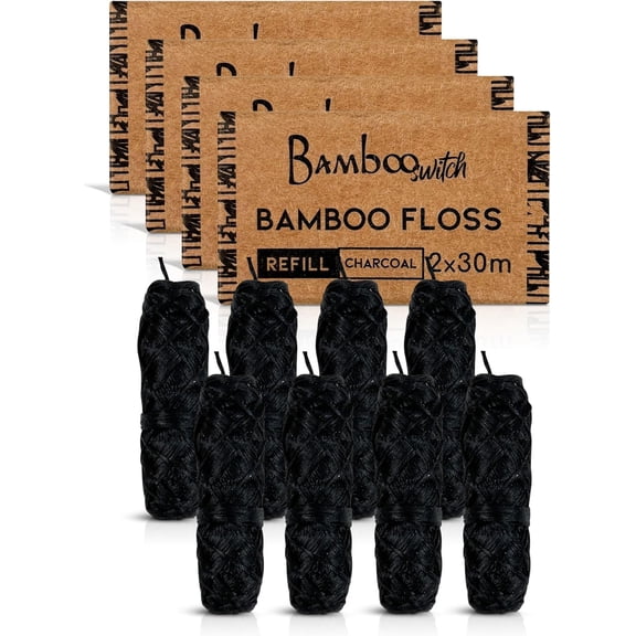Bamboo Charcoal Dental Floss Refills (8 Spools), Eco-Friendly, Mint Bamboo Fiber, Vegan, Plastic-Free