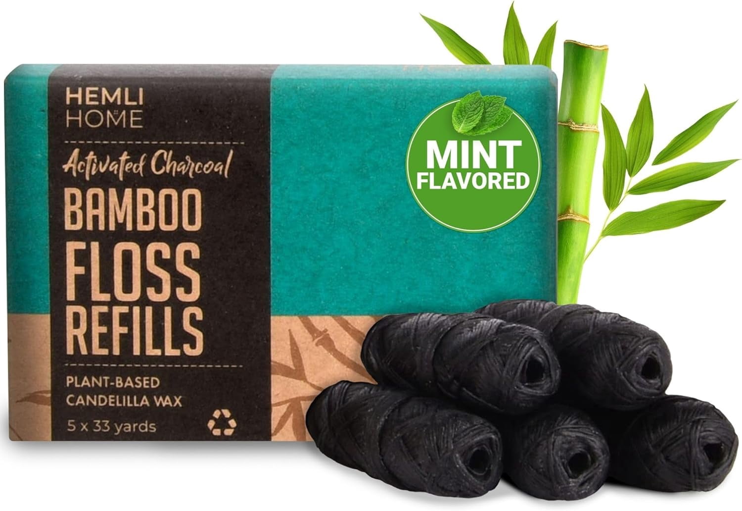Bamboo Charcoal Dental Refills, Bambo Woven Fibres, 5 x 33 Yards, Organic Refillable Dental , Natural , Eco-Friendly . Plant-Based Candelilla Wax with Natural Mint Flavoring
