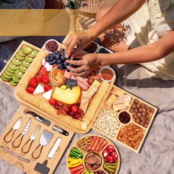 Bamboo Charcuterie Board Gift Set with Hidden Drawers, Knives & Bowls