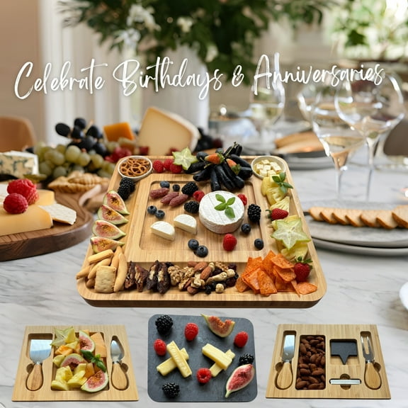 Bamboo Charcuterie Board Set - Elegant Cheese and Meat Platter with Assorted Meats, Cheeses, and Fruits - Ideal for Weddings, Bridal Showers, and Housewarming Gifts,Light Yellow
