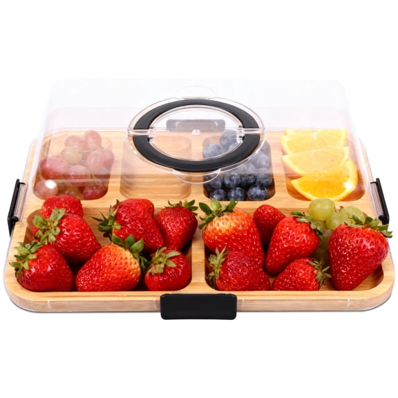 Bamboo Charcuterie Platter with Collapsible Handle, Divided Serving Tray Wood Meat & Fruit Board with Transparent Lid for Party, Camping & Picnic