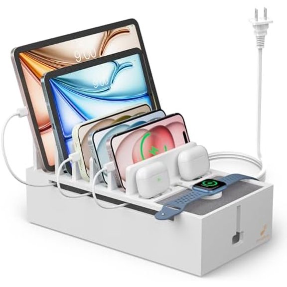 Bamboo Charging Dock Station for Electronic Devices, Docking Organizer for Phone and Tablets, Smart Watch, Earbuds, Power Strip Box (Included 5-Port USB Charger and 6 Cables) -White