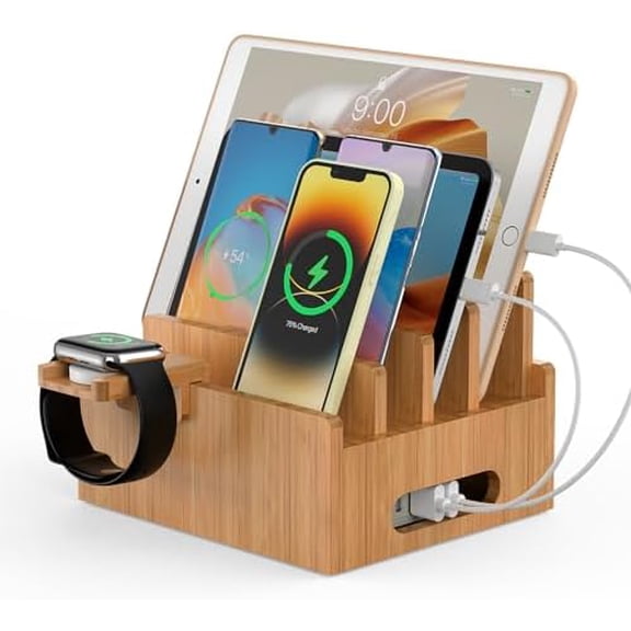 Bamboo Charging Stand, Dock Organizer for Multi Devices, Cell Phone, Tablets, Smart Watch, with Pack 5 Cables, No Power Charger Block