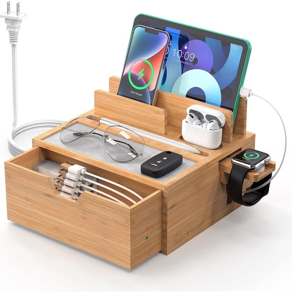 Bamboo Charging Station for Multi Device, with Power Charger & Cables, Nightstand Docking Station with Lined Tray & Drawer, Compatible with Tablet, Cell Phones