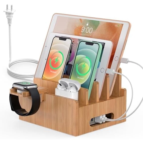 Bamboo Charging Station for Multiple Devices with 5 Port USB Charger, 5 Cables, Smart Watch & Earbuds Stand, Desk Docking Stations Electronic Organizer for Cell Phone, Tablet