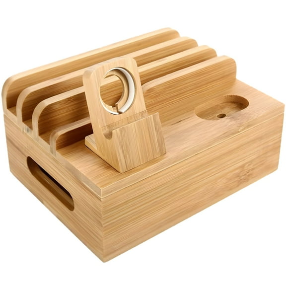 Bamboo Charging Station for Multiple Devices, Cord Organizer Box Storage, Holds 8 Devices, Detachable Watch Stand, Creative Design for Cable Management