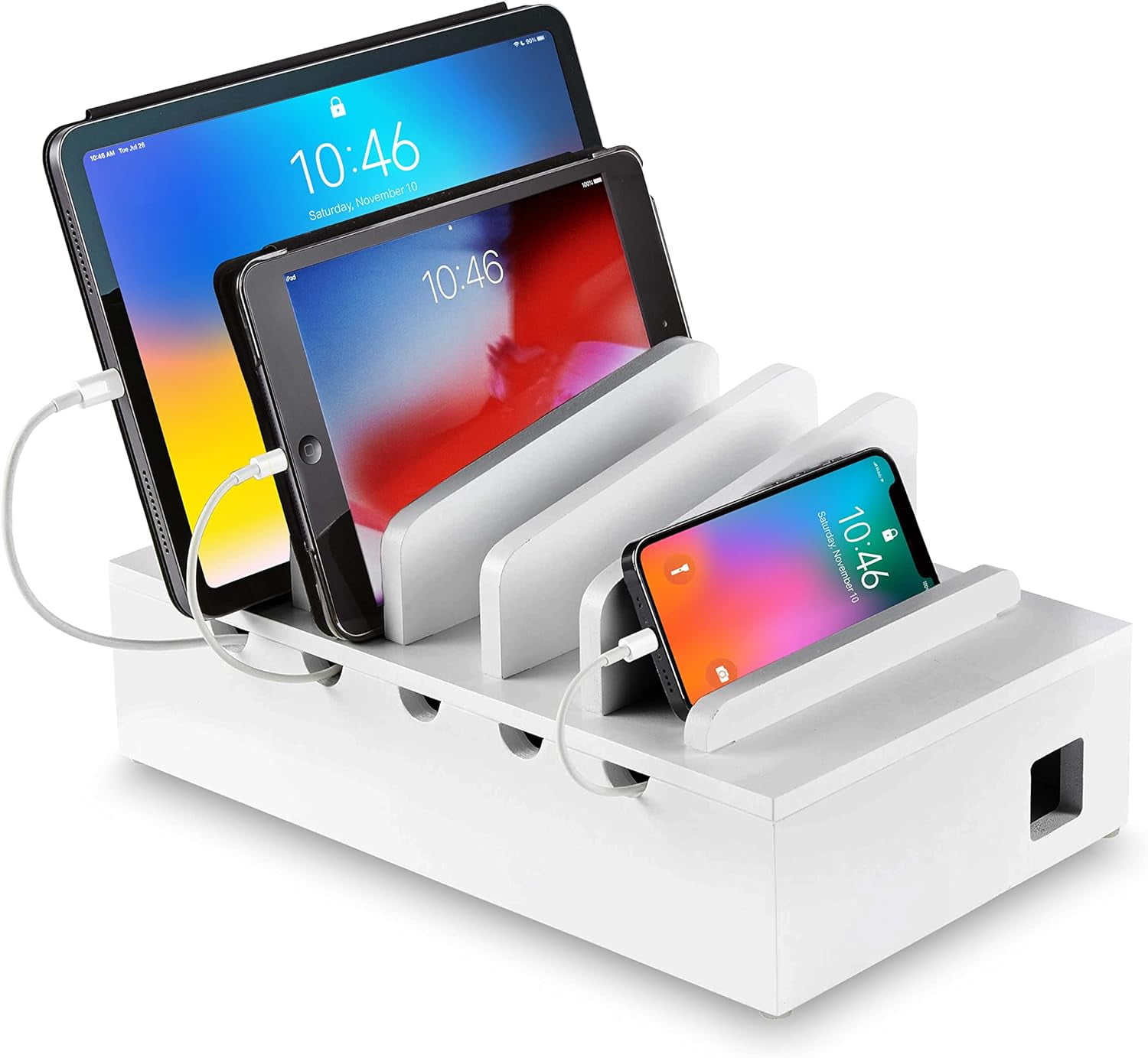 Bamboo Charging Station for Multiple Devices (White) Wood Device Organizer, Desk Docking Stand for Cell-Phone Charger, Compatible with Apple, Android, iPad, iPhone, Tablet, Laptop