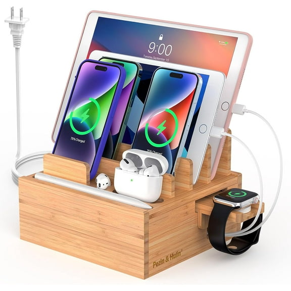 Bamboo Charging Station for Multiple Devices Include 5 Port USB Charger, 5 Cables, Desktop Organizer for Phones, Tablet, Wooden Docking Stations