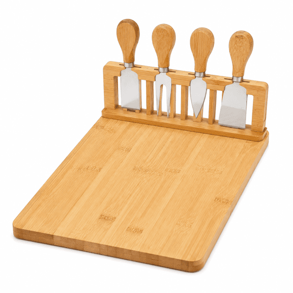 Bamboo Cheese Board, Cheese Tray with 4 Stainless Cutlery Set, Charcuterie Board and Serving Meat Platter, Cheese Platter Gift for Christmas, House Warming, Thanksgiving