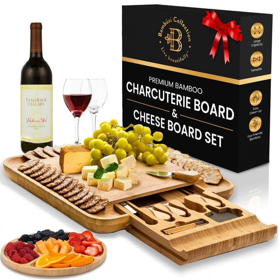 Charcuterie Boards Gift Set - Large Bamboo Cheese Board for Serving, Entertaining, Cheese Platter for Kitchen, House Warming Gifts New Home, Wedding, Bridal Shower, Birthday Gifts for Wome
