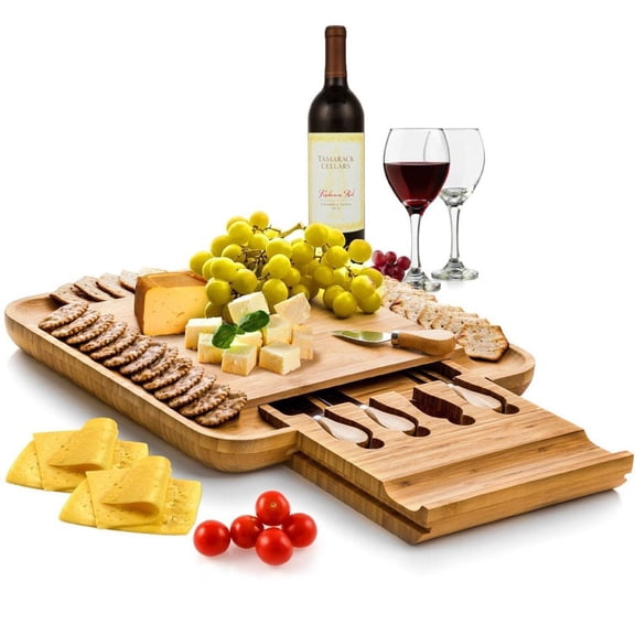 Bamboo Cheese Board & Cutlery Set with Slide-Out Drawer | Perfect Mother's Day Gift Idea