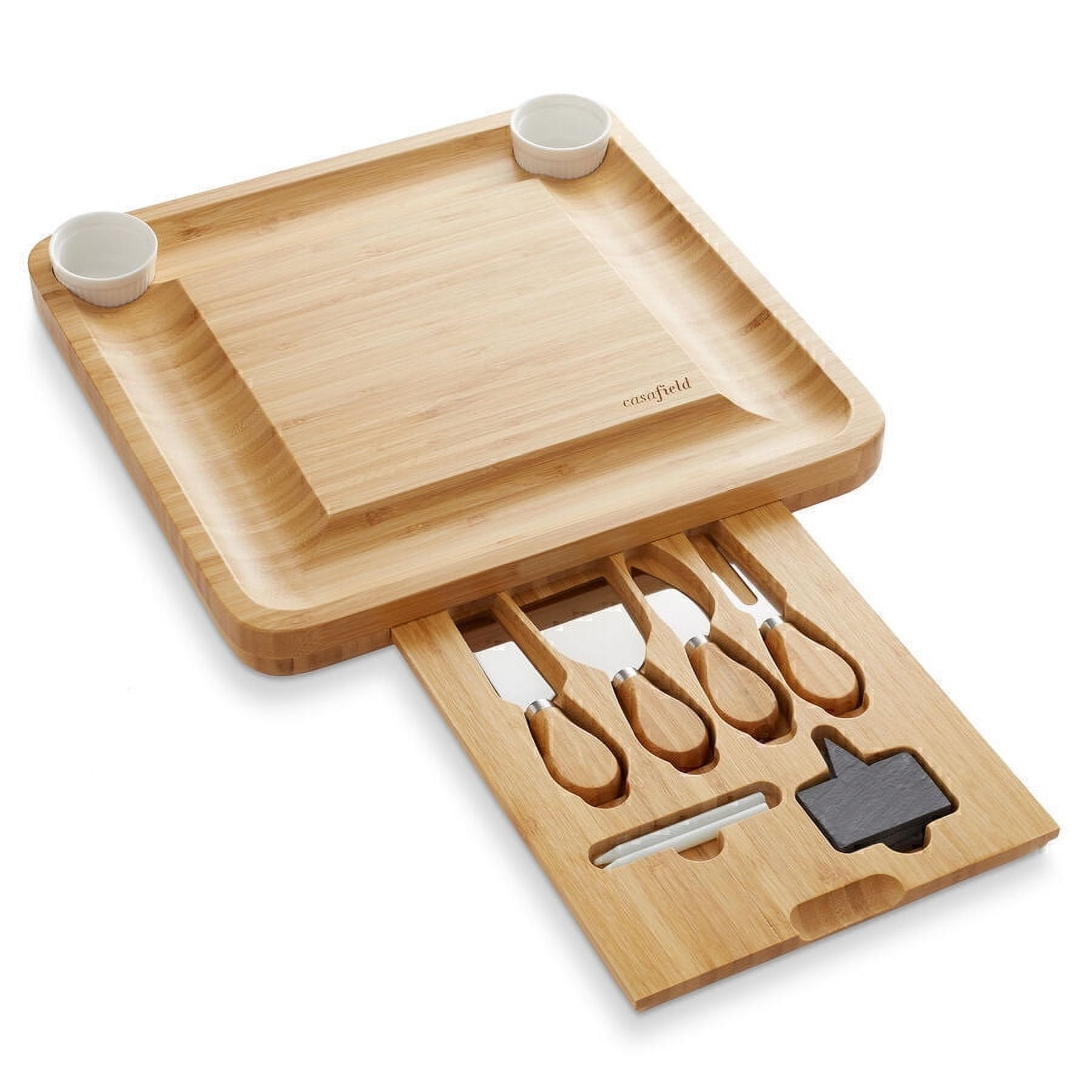 Bamboo Cheese Board Set with Hidden Knife Tray, Soapstone Chalk, and Serving Moat