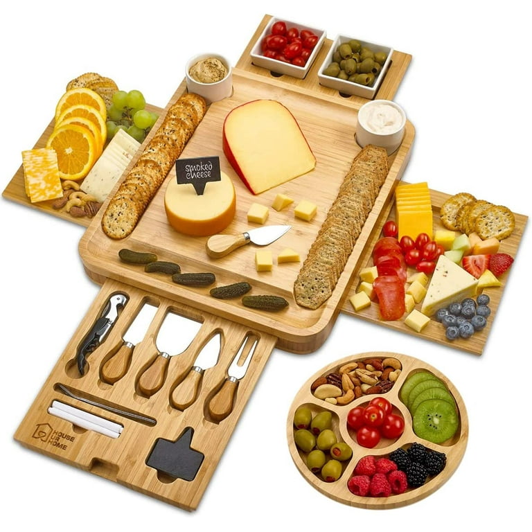 Bamboo Cheese Board Set With Round Wooden Board With 4 Stainless Steel  Knives And Fork Suitable Use For Picnics And Parties - AliExpress