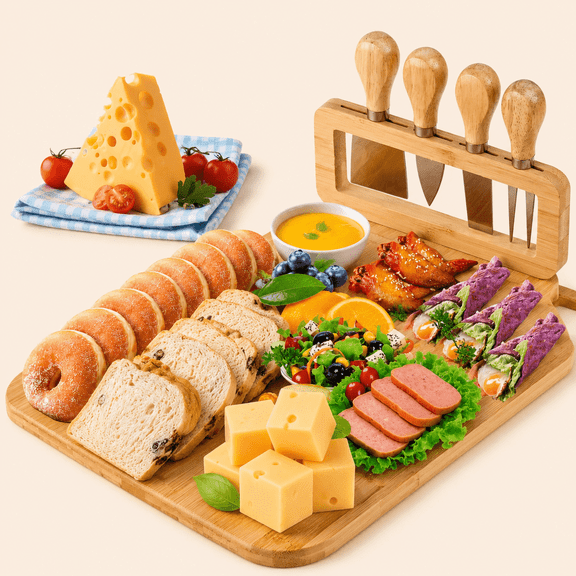 Bamboo Cheese Board and Knife Set, Large Charcuterie Boards Set, Cheese Tray Platter Servers with Clasp Knife Holder, Gift for Valentines, Anniversary, Housewarming, Thanksgiving