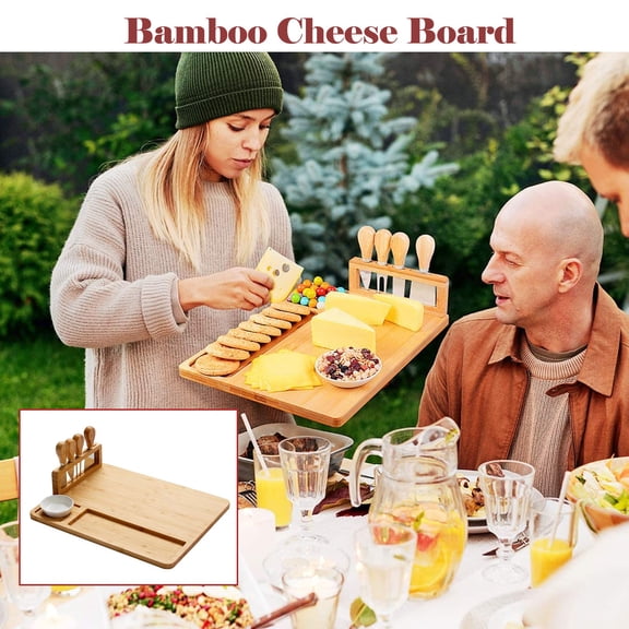 Bamboo Cheese Board Set with Detachable Utensil Holder, Multi Compartment Charcuterie Board Platter for Party Picnic Kitchen, Premium 0.6In Thick Bamboo Includes 4 Knives Easy Clean Giftable