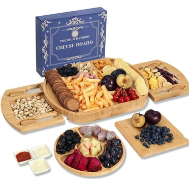 Bamboo Cheese Board Set with Two Drawers,Charcuterie Boards Gift Set with Three Ceramic Bowls,Mother's Day gift Easter Thanksgiving Christmas Housewarming Wedding Anniversary
