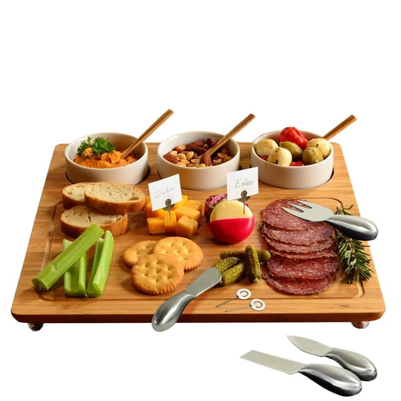 Bamboo Cheese Board With Ceramic Bowls And Stainless Steel Tools - Standard