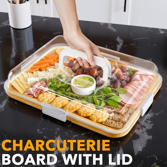 Bamboo Cheese Board with Clear Acrylic Lid, Leakproof & Reversible, Serving Platter for Parties & Camping