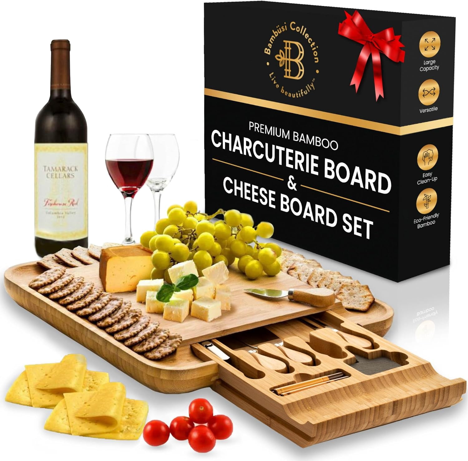 Eco-Friendly Light Brown Bamboo Cheese Board Set with Cutlery Drawer