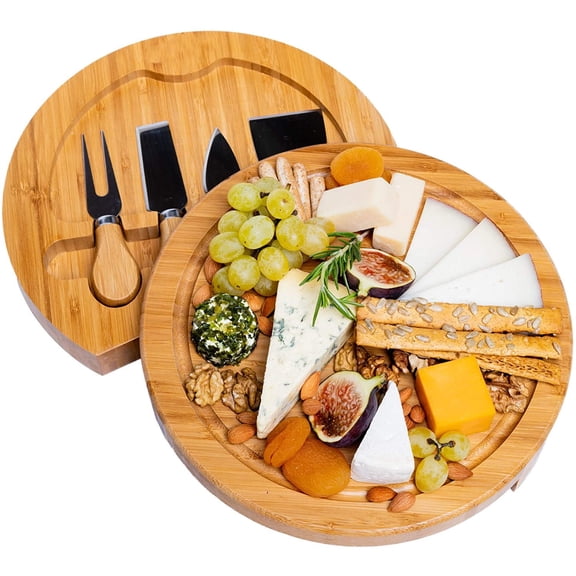 Bamboo Cheese Board with Knife Set – Round Charcuterie Board, Serving Tray, Platter, Wood Cheese Board Set – for House Warming Gifts New Home