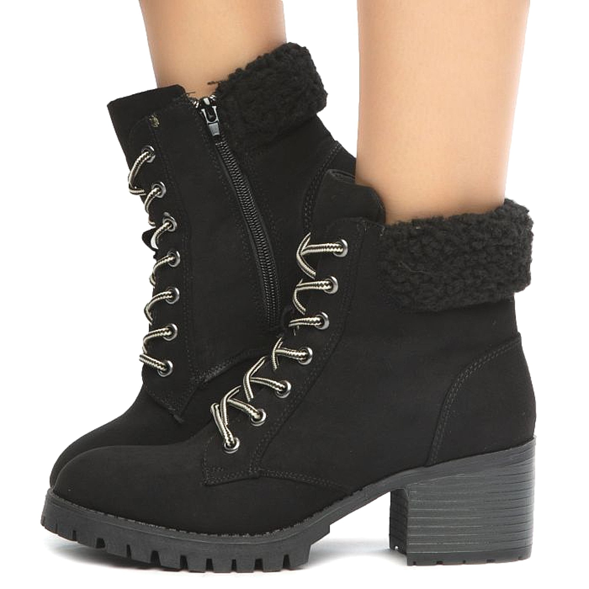 Bamboo Chief 19 Mucker Combat Boots with Shearling Women s Faux Fur Lined Sport Booties BLKFS 10