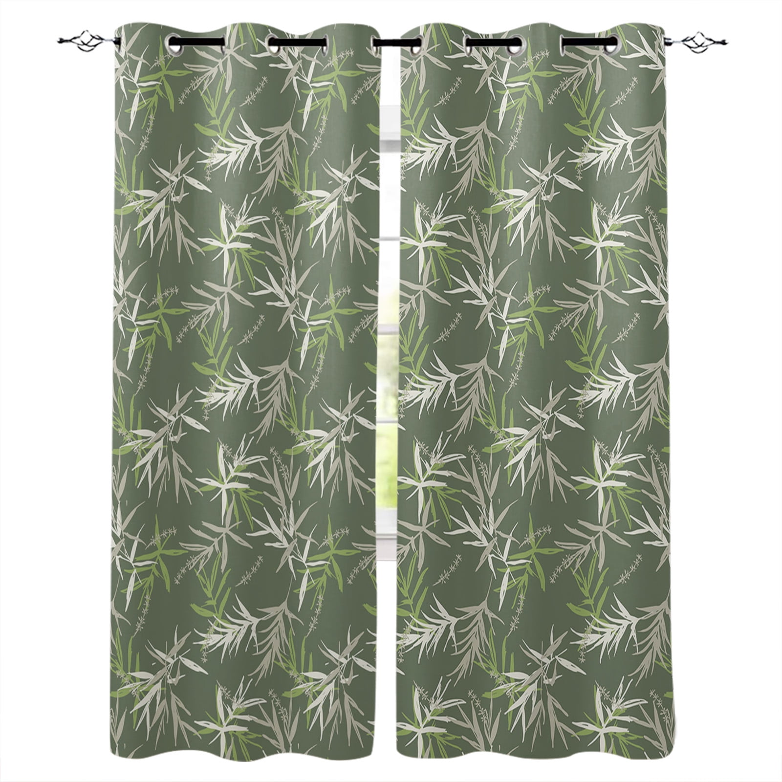Chinese Calligraphy Bamboo Tree Curtains - 2 Panel Set For Living Room Or Bedroom, 42x45 Inches, Blackout Style