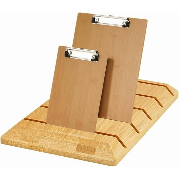 Bamboo Clipboard Holder 9.4x5.5 inch Menu Holder Tabletop Display Stands Memo Board Holder Desktop Display Stand Document Holder for Classroom Office Store (Holds 5 Clipboards)