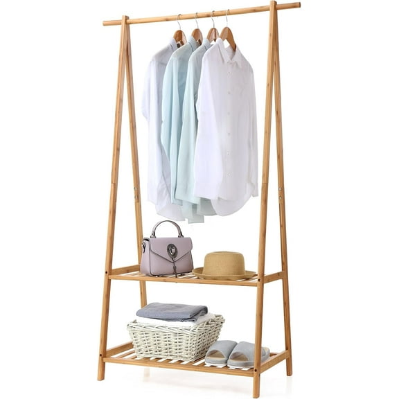 Bamboo Clothes Rack Portable Extra Large Garment Rack 2-Tire Storage Box Shelves For Entryway and Bed Room Patented Design