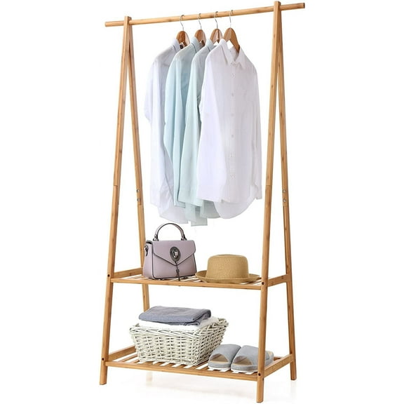 Bamboo Clothes Rack Portable Extra Large Garment Rack 2-Tire Storage Box Shelves For Entryway and Bed Room Patented Design