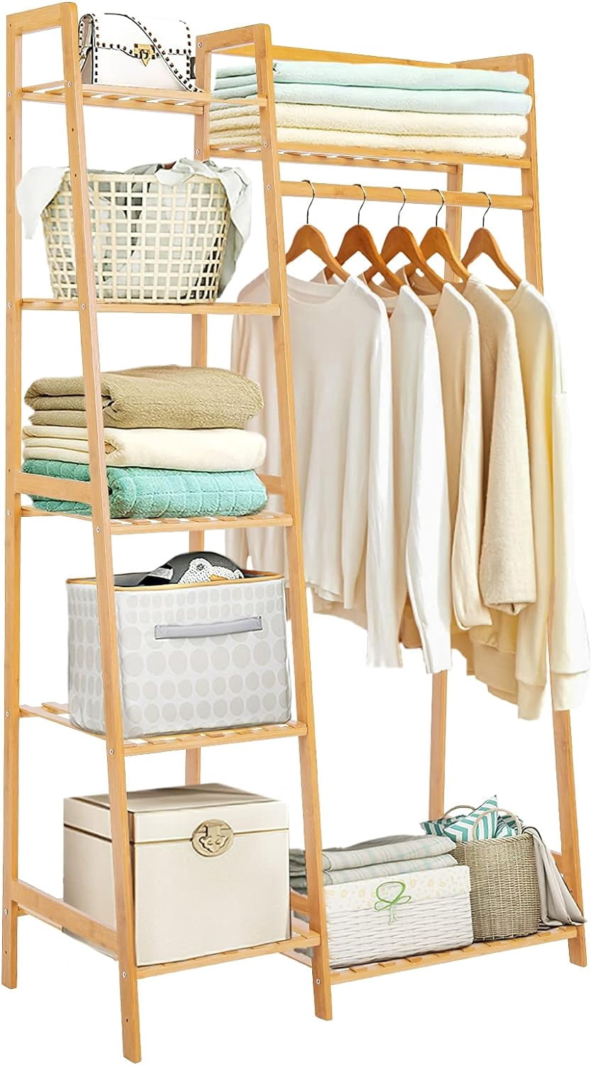 Bamboo Clothes Rack with 7 Tier Storage Shelves Clothing Hanging Stand ...