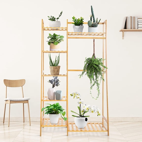 Bamboo Clothes Rack with 7 Tier Storage Shelves - Natural Bamboo