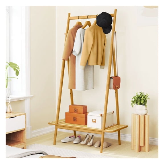 Bamboo Clothes Rack with Shelf & Hooks - 65.5" Garment Rack - Natural Brown Wood Finish - Heavy Duty 253lbs Capacity - Bedroom, Entryway Organizer