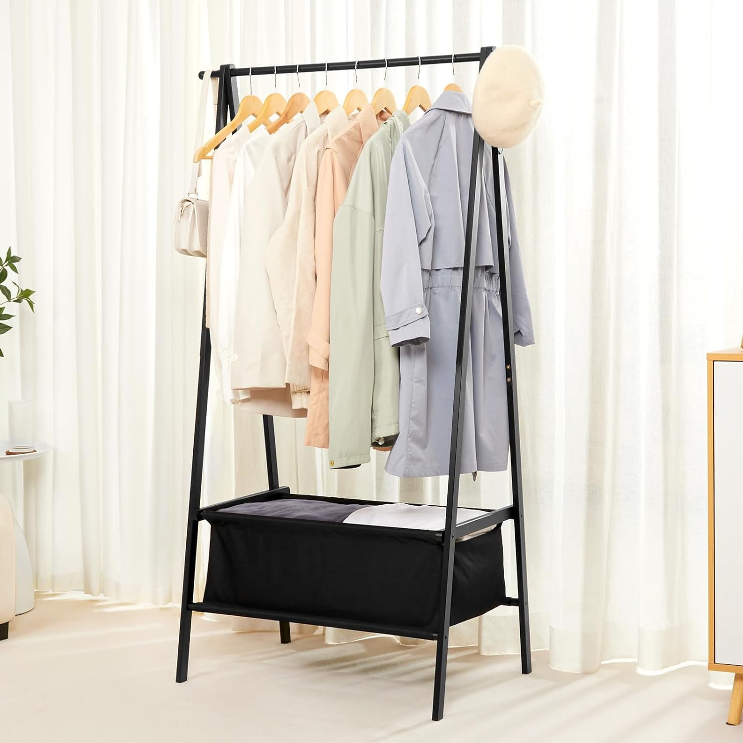 Bamboo Clothes Rack with Storage Box, Garment Holder Clothing Stand for ...