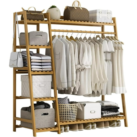 Bamboo Clothing Garment Rack 7 Tier Storage Shelf Coat Clothes Hanging Rack, Portable Wardrobe Closet Organizer With Top Shelf, Shoe Storage Shelves for Bedroom (Natural - 51.18 in)