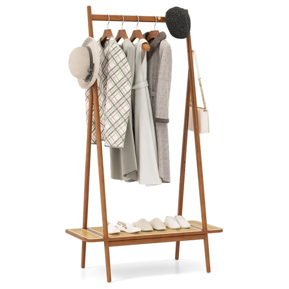 Bamboo Clothing Rack, 65.5 Clothes Rack with Top Hanging Rod, Rattan Shelf & 5 Copper , Large Garment Rack, Cloth Hanger Standing Organizer for Coats, Bags & Shoes (Brown)